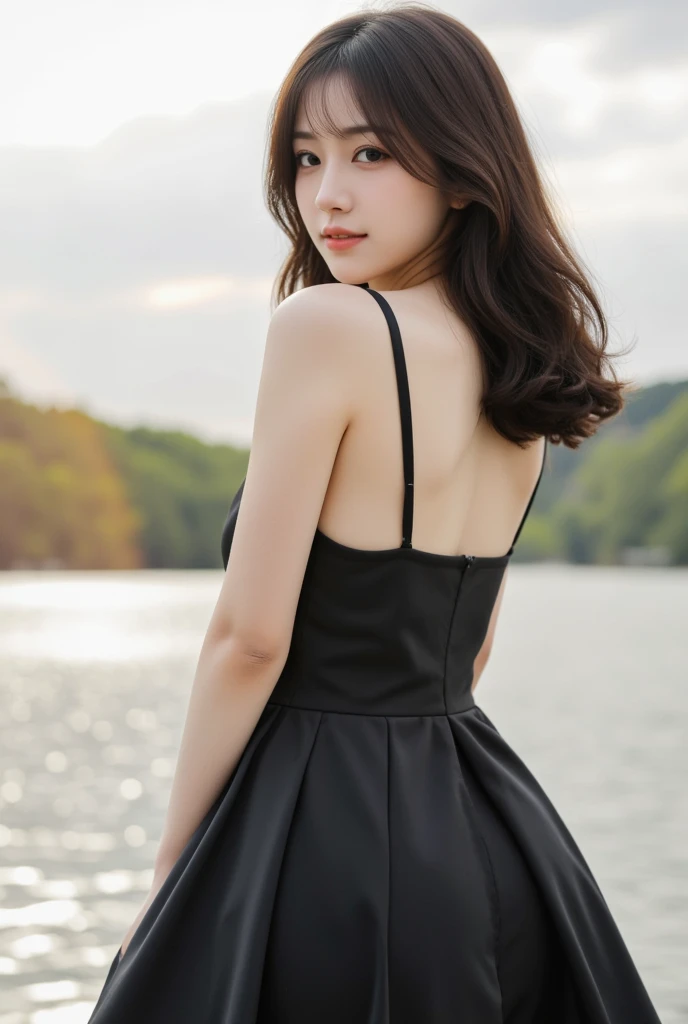  Japanese Female　 has bangs　Long hair on black　 well-styled 　beautiful big breasts、off the shoulder、black dress、Full body outside　selfie、Look back and smile、
