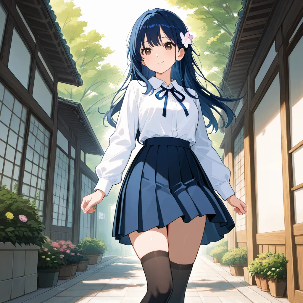 a beautiful girl, 20th generations, with brown eyes, dark blue hair, with flower accesary, wearing short skirt, showing the definition of her thighs, and wearing a short blouse, knee socks