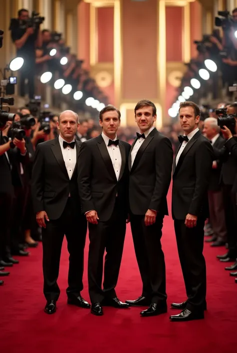 Use the faces of the 4 men to create an image of 4 men on the Oscar red carpet, Full of photographers, Be as faithful as possible with regard to the ultra-realistic photo and image