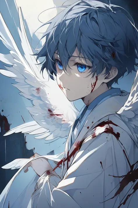 drawing of an angel looking forward, square, offering a hand to the screen, with an angelic vibe with white and blue tones, With a slightly lowered view , The angel perishes someone younger, with a more anime style that is a boy with some blood stains and ...