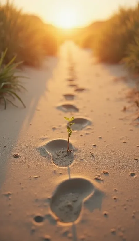 "Close-up of footprints on a sandy path leading towards a sunrise, with a single seedling growing between the steps. Soft focus, warm tones, inspirational photography."