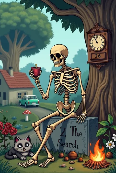 I want you to represent a skeleton, who has a pocket watch in his left hand and in his right hand a cup of coffee,  is sitting and leaning on the side of a grave in a thoughtful way. The tomb has, "The Search" And a 2 and a 7. On the right side there is a ...