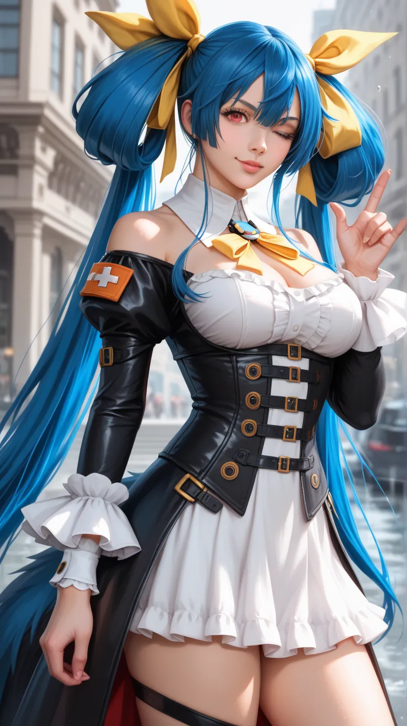 (Dizzy), anime, character, game character, (Guilty Gear X2 reloaded), one black wing on the left side, one white wing on the right side of her body, look at viewer seductive pose, wink,hand gestures, in the rain, indifferent look, with black-white open str...