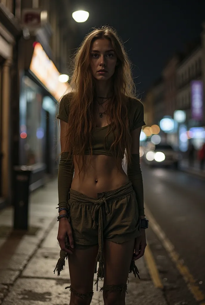 Late at night. Hot homeless woman looking scared and embarrassed in a south east london street. She has a thin body. She is dressed with dirty clothes. She has long hair. She has beautiful legs. She looks scared. She is alone 