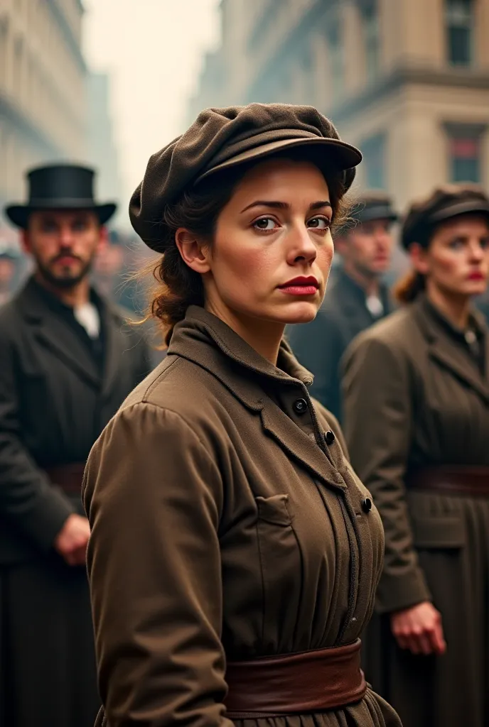 A female factory worker in 19th-century attire, leading a protest for women’s labor rights. A second shot shows a woman writing an article in an old newspaper about women's suffrage."
🎵 Powerful, energetic music with voice-over:
"She fought for change, ope...