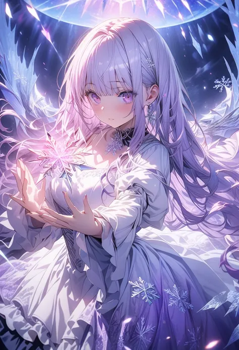 masterpiece,amazing quality,best quality,ultra-detailed,8k,illustration,CG,　 1girl , drawn on the beautiful board、Gothic Lolita, light blue hair color ,long hair,Purple and white dress, purple eyes,beautiful eyes,moody lighting, underlighting, 　energy fire...