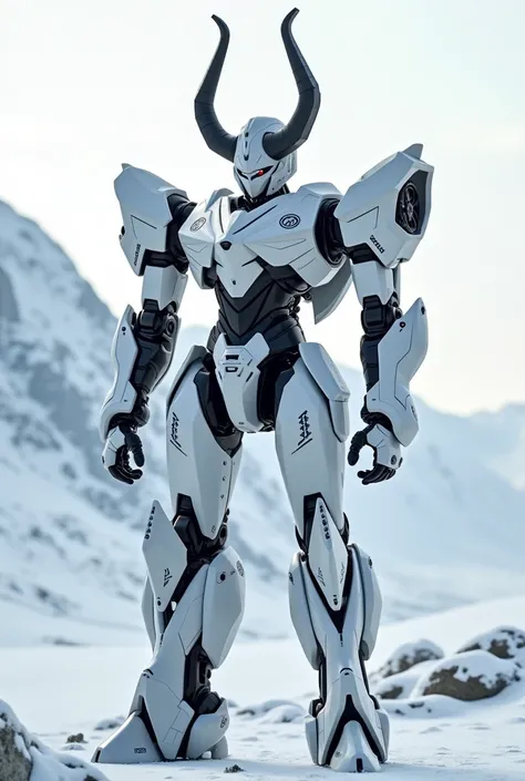 Make a Transformer,  appearance in white and black,  with characteristics that have to do with The Capricorn zodiac sign,  on a snowy mountain 