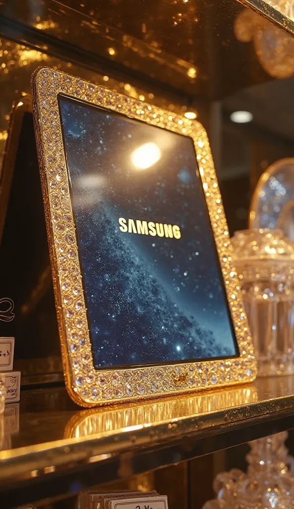 **Tablet Condition**: Samsung Tablet Gold body encrusted with diamonds (edges, Samsung logo). Screen bezel glitters.  
**Environment**: High-end boutique shelf with crystal decor and price tags reading "$1M+."  
**Lighting**: Chandelier sparkle, dramatic s...