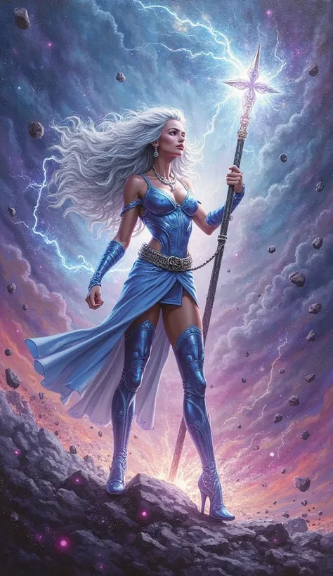 Acrylic painting of a powerful and mesmerizing image featuring beautiful Storm from the X-Men, standing amidst a dynamic, celestial environment. She wields a glowing, mystical staff that channels immense energy, with bolts of lightning sparking from its ti...