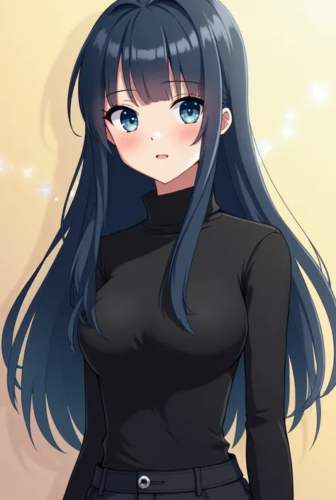 Send a photo of a character with the features: A girl with long straight blue-black hair, clear blue eyes, fair skin, and with clothes... With a black turtleneck with long sleeves, black jeans, of boot. It makes the character look like an anime character, ...