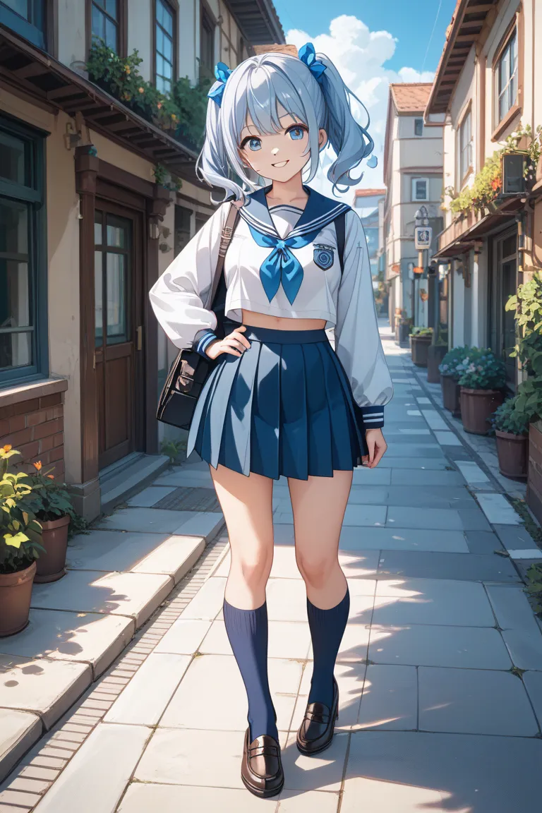 (8k、 RAW photos 、best image quality、best image quality、Impressive:1.2)、( real 、 real )、1 girl、 cute face、 High School Girl Uniform、 sailor suit、 Long Sleeve、miniskirt、 navy blue socks、loafers、is smiling、standing with hands on hips、Full Body Image
