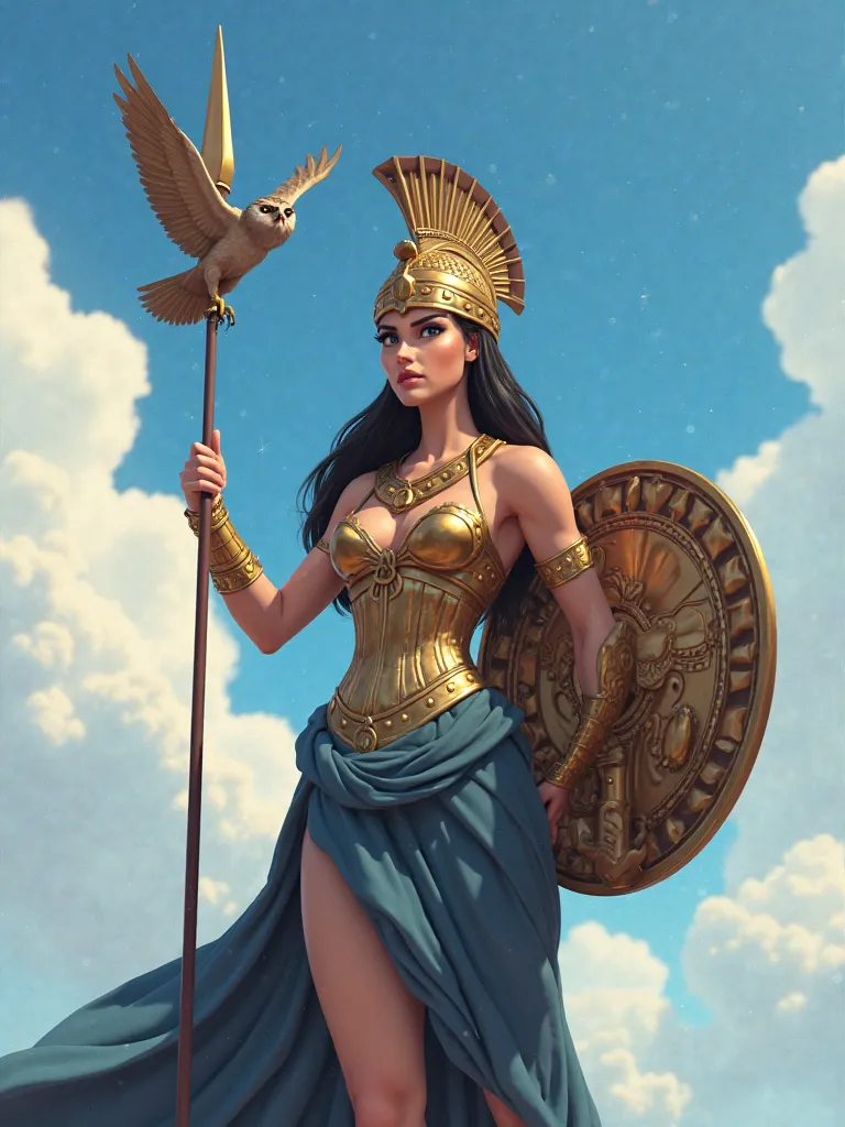 Best quality, masterpiece. Athena standing tall. Style is Disney-Pixar. Highly detailed. She is shown in monumental perspective, as tall as the sky. An owl flies to her. She wears a high-crested corinthian helmet with a J shaped crest and carries a very re...