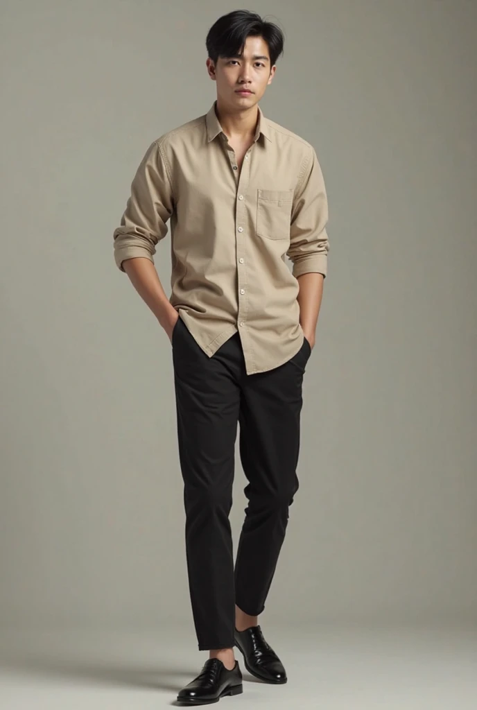 masterpiece, best quality, solo, 1boy, short hair, beige shirt, black pants, Black shoe, Posing, realistic, male focus, brow hair, black eyes, Full body, lips, studio