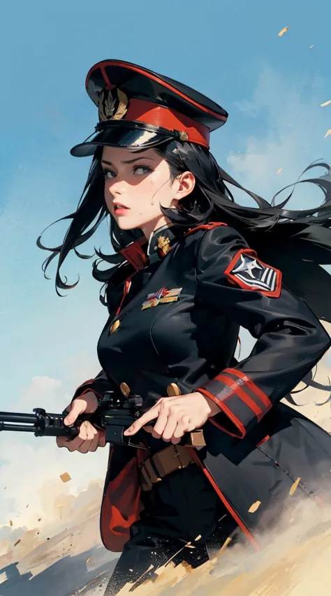 1girl, solo, adult, cinematic, scenic, holding rifle standing on papers in the battlefield, great posture, weapon, gun, rifle, sniper rifle, holding weapon, scope,  Black Army Hat, Black military coat , perky, glossy lips,  ((beauty)), glossy lips,(medium ...