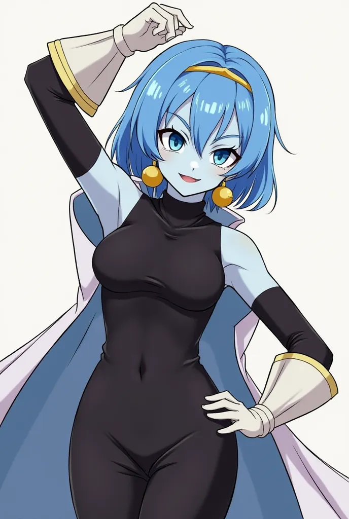 1girl aeos_(dragon_ball) arm_up bare_shoulders black_pants black_shirt black_sleeves blue_eyes blue_hair blue_skin breasts coat colored_skin detached_sleeves dragon_ball dragon_ball_heroes earrings floating_clothes gloves gold_headdress grin hair_between_e...