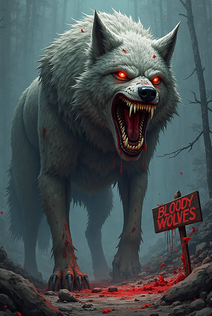 Create a blood-drenched anime-style bad wolf with a sign in front of it that says the word Blody Wolves