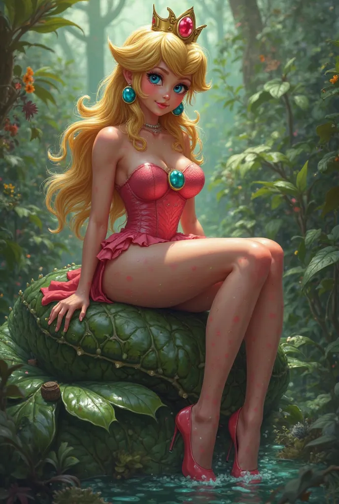 Make Princess Peach with sexy tights without clothes but with sexy high-heeled shoes and sexy stockings lying or sitting on a carnivorous plant or piranha in the photo I want her sexy legs and breasts to be seen with her butt and underneath.The plant with ...