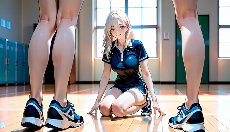 (best quality, highres, masterpiece:1.2), ultra-detailed, realistic:1.37, white-haired woman, school, tall, brown eyes, fair skin, elegant, confident smile, wearing a blue short sleeve polo shirt and gym shorts, sneakers, standing, gym background     stand...