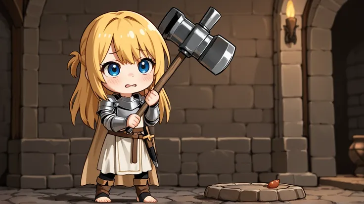 Stirrup soles, anime girl, toeless legwear, foot focus, stirrup feet, blonde hair, beautiful girl, medieval, elfic girl, big hammer, smiling, in publi