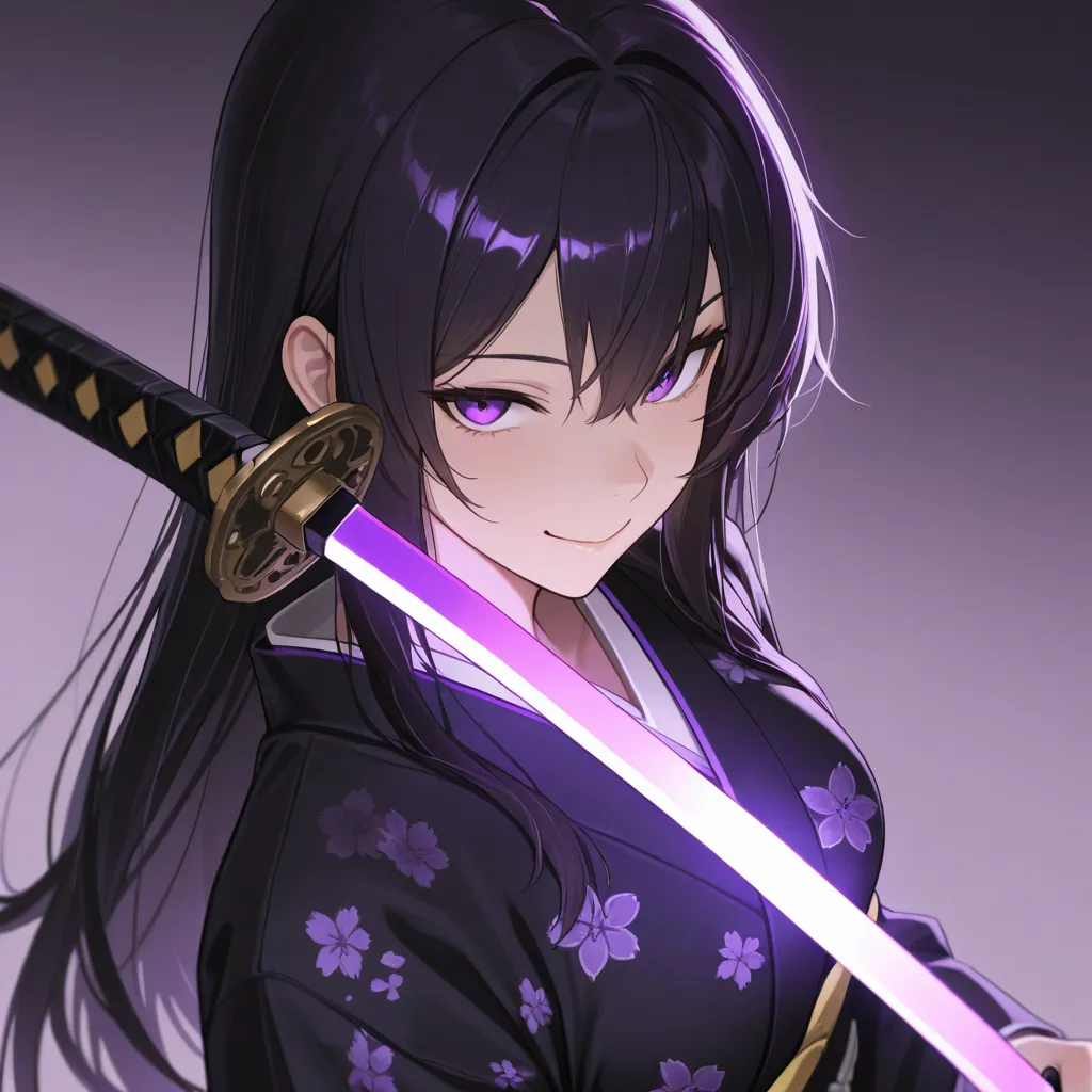 masterpiece, best quality, (masterpiece, best quality,  (detailed eyes), (detailed face), Katana, simple background, Purple gradient background, close-up, from above, mischievous smile, frizzy stomach、( detailed lighting), Rim Lighting, sharp concentration...