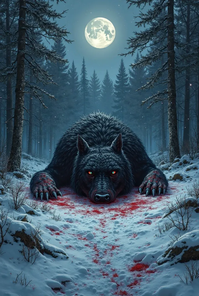 v*"A dark, snowy forest, illuminated only by the cold light of the full moon. The ground is covered in red-stained snow, with marks of struggle scattered throughout the place. In the center of the scene, the gigantic body of a monstrous creature lies lifel...