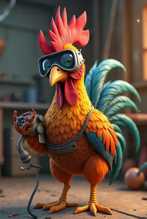 an animated image of a rooster wearing a welding mask and the welding clamp in his hands