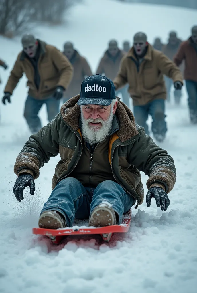 Un homme de 35 ans avec une barbe blanche et une casquette snapback avec écrit DadToo dessus  fait de la luge , des zombies lui court après.
