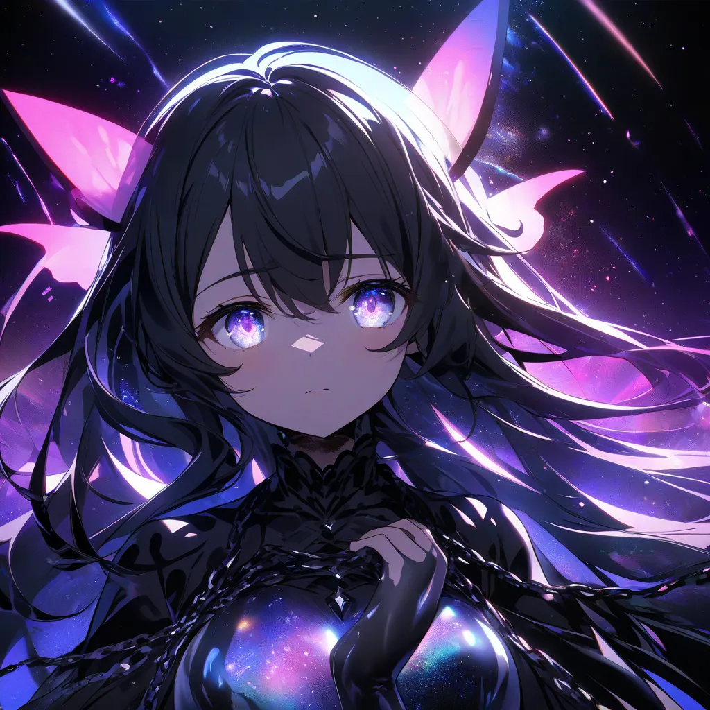 Anime gerl whose body is completely black, only her eyes glow with white effects, and a galaxy background with lots of gradient neon effects and a fluttering black chain, in addition, hair on head like liquid glass she sees from afar, and her hair flutters...