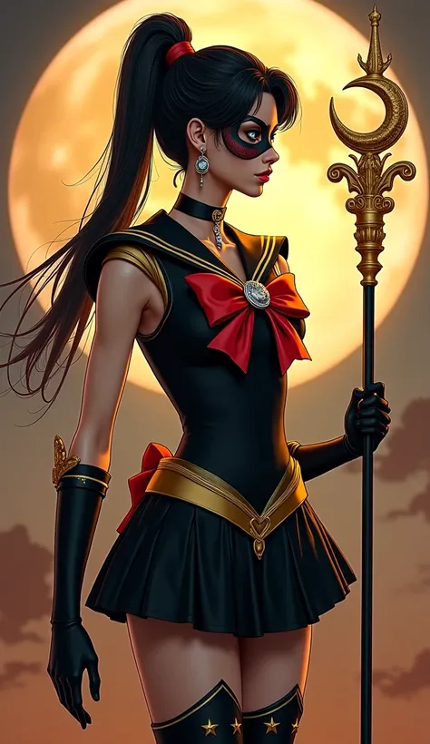 Background of the apocalyptic world war of skeletons against dragons in the middle there is an image of a beautiful girl full body.You must have long black hair and in a high ponytail ,  with a sailor moon costume but who has the costume colors black , gol...