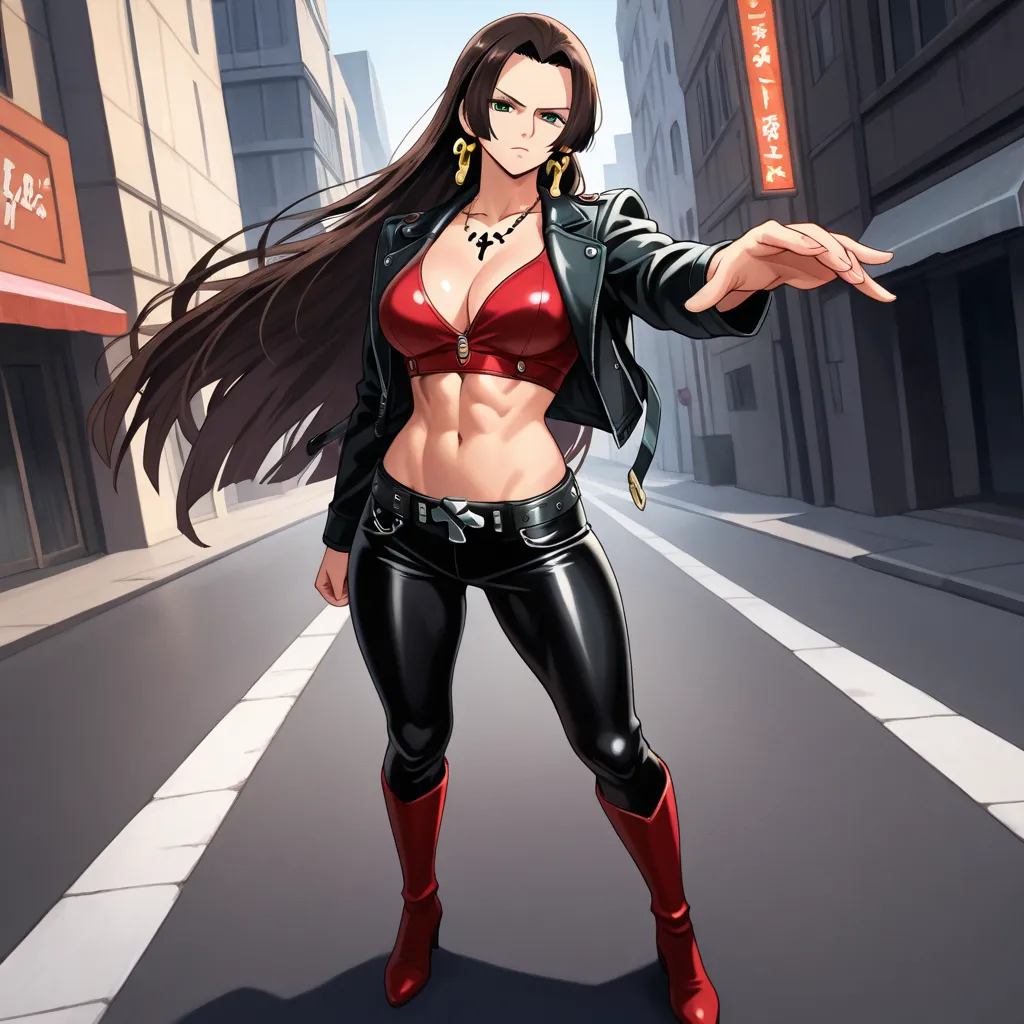 Anime woman, 25 years, 174cm, megan fox + Boa Hancock + Najenda + Robin + Esdeath, 1 girl, green eyes, long hair, high resolution, dark brown hair, simple background, masterpiece, detailed, high detail, closed mouth, POV, wide angle, anime, anime style, fi...