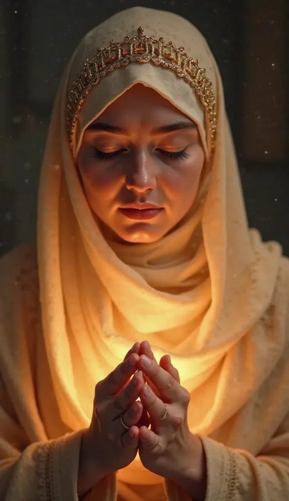 Hazrat Fatima (رضي الله عنها) making du'a – A close-up image of her with her eyes closed and hands raised in supplication. Her expression is one of deep sincerity and trust in Allah, with a soft, divine glow highlighting her peaceful face. 