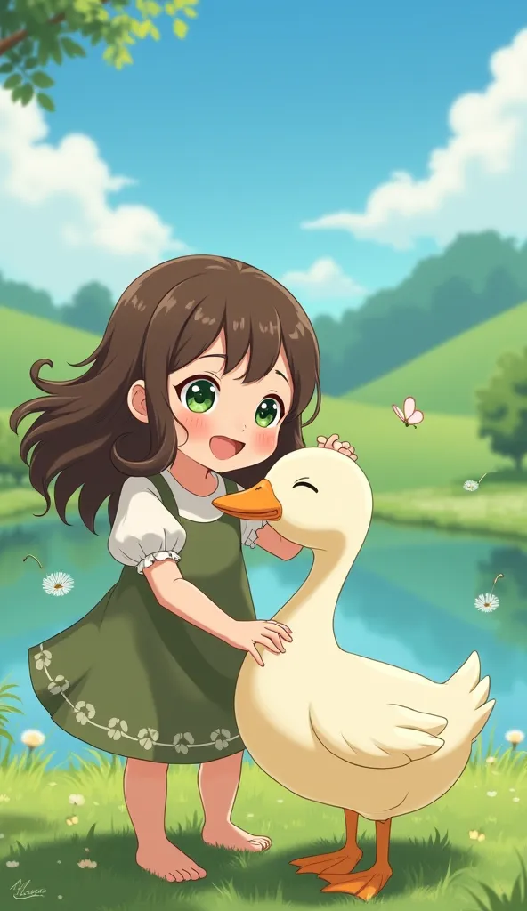 Make an anime about the girl with brown hair and dark green eyes and the duck  