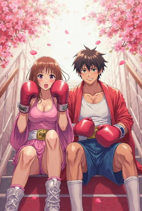 Japanese anime watercolor style. From below. Front view. Full body view. One female boxer and one male boxer wearing championship belts. Pink kimono draped over their shoulders over their boxer uniforms, sitting on a red carpeted staircase. They both take ...