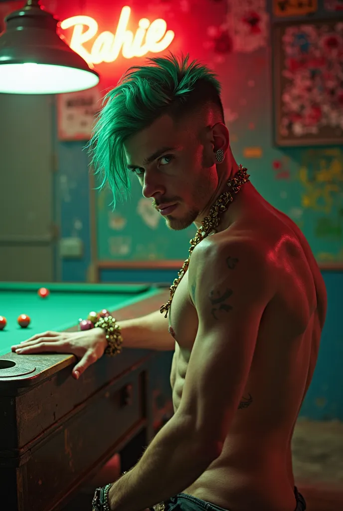 Rape scene of green hair, fake boobs, kicked nude bitch brutally and sexually assaulted, crying, screaming and lying on dirty old billiard table violently raped by three aggressives, exciting and raging shirtless guy, evil laugh and straight largue red, pu...