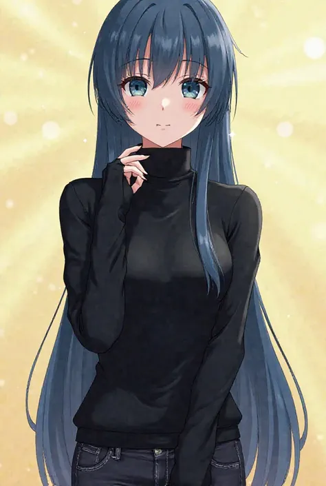 Send a photo of a character with the features: A girl with long straight blue-black hair, clear blue eyes, fair skin, and with clothes... With a black turtleneck with long sleeves, black jeans, of boot. It makes the character look like an anime character, ...