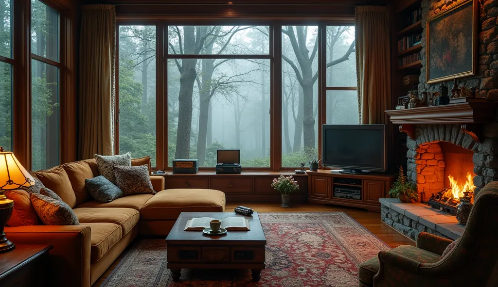 A grand yet cozy American 1980s mansion living room, exuding warmth and nostalgia on a foggy, moody day deep in the forest. Large floor-to-ceiling windows reveal towering trees shrouded in mist, with soft natural light filtering through. Inside, the living...