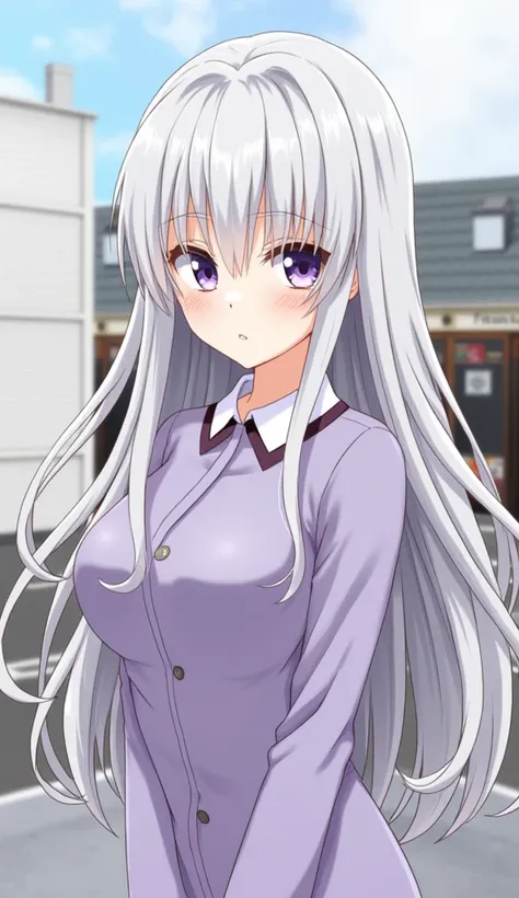 1 girl, Hi-Res, long hair,  Silver Hair, purple eyes, Inner Color Blue,big breasts, Contempt的な目つき, anime style,  dress, gal,character,  in front of Shimokitazawa station,  pale blush, Contempt/ angry gaze , 