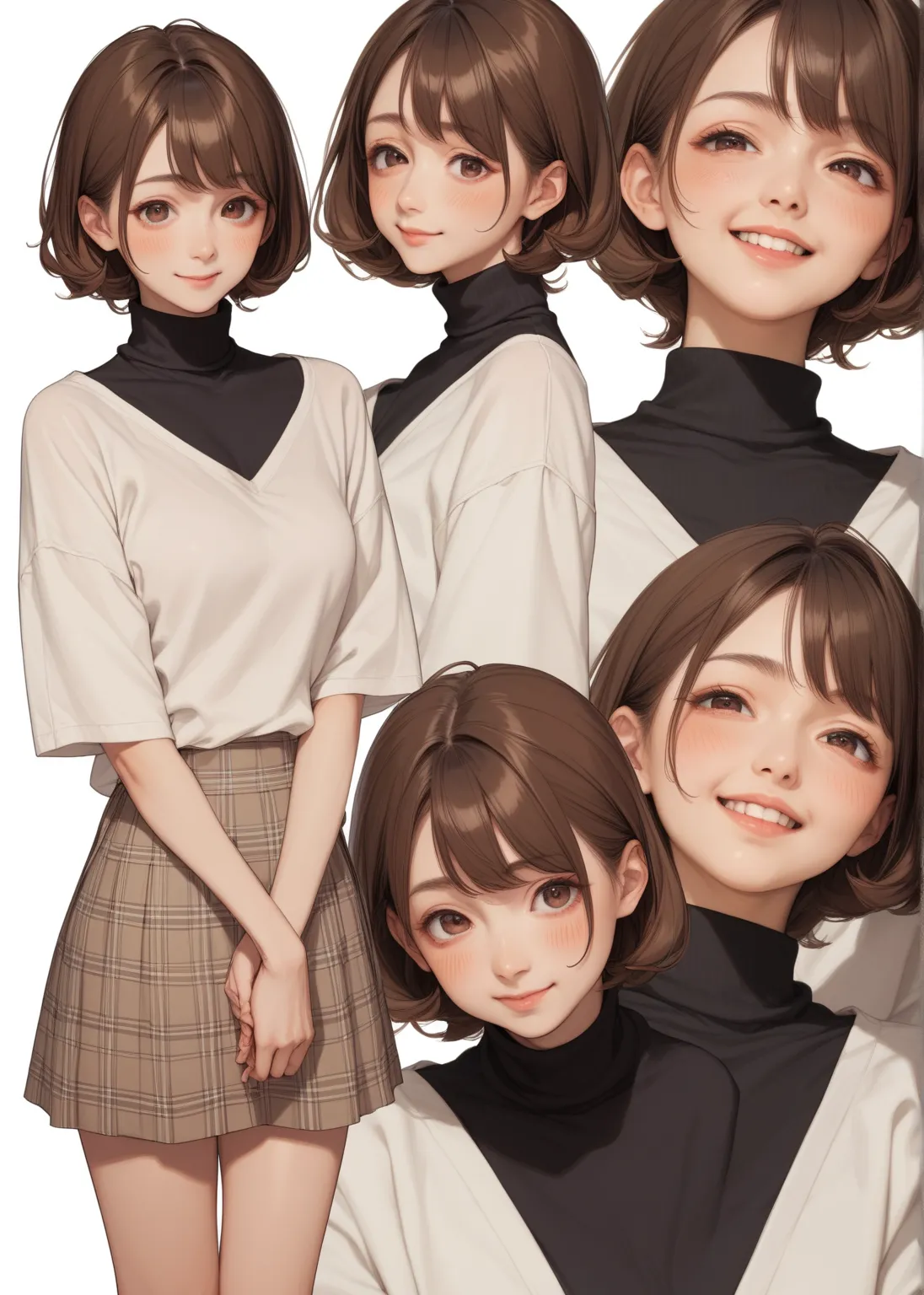 Japanese Female,40 years old,brown hair long,black turtleneck just like the reference image、checked skirt、 all over white background、Blushed cheeks、 best smile