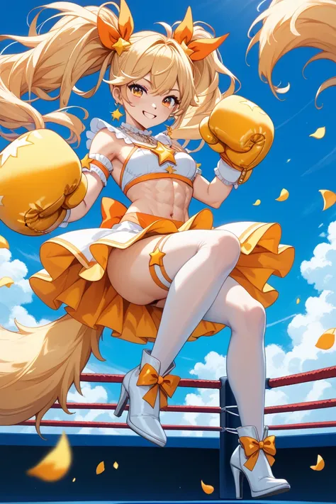 A cute  with bright yellow long twin tails and orange ribbons、Magical Girl's costume（yellow and white petal-shaped fluffy skirt、star shaped necklace 、White high-heeled boots with orange accents and an X-shaped pattern）Can you put it on a boxing ring while ...