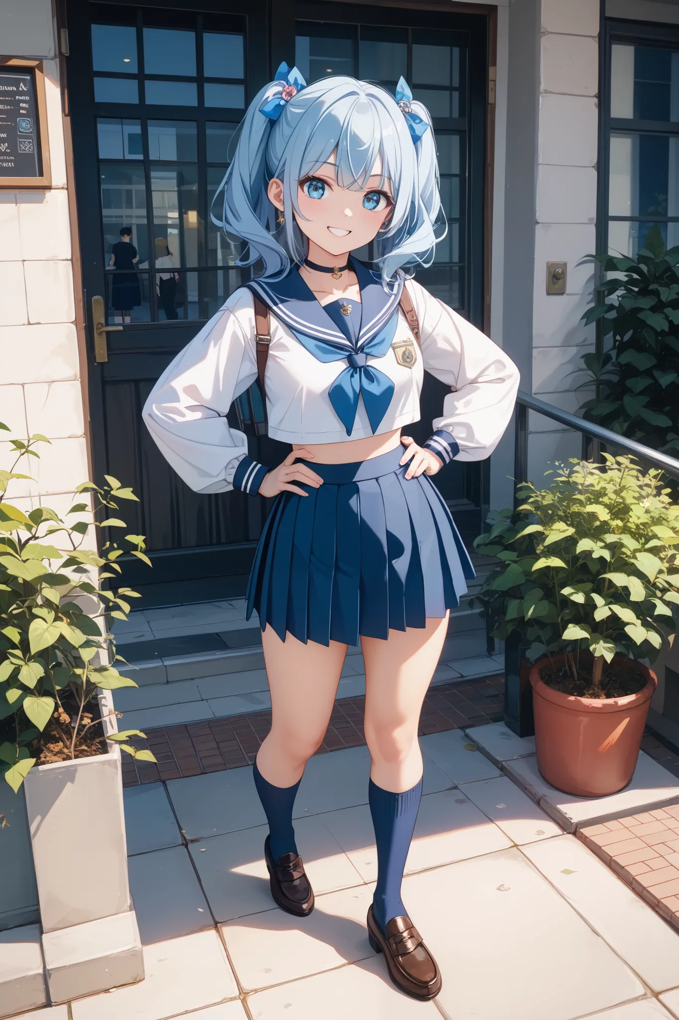 (8k、 RAW photos 、best image quality、best image quality、Impressive:1.2)、( real 、 real )、1 girl、 cute face、 High School Girl Uniform、 sailor suit、 Long Sleeve、miniskirt、 navy blue socks、loafers、is smiling、standing with hands on hips、Full Body Image
