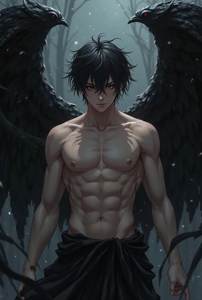  19-year-old anime male , black hair ,  black eyes , without a shirt and a pair of demonic black wings