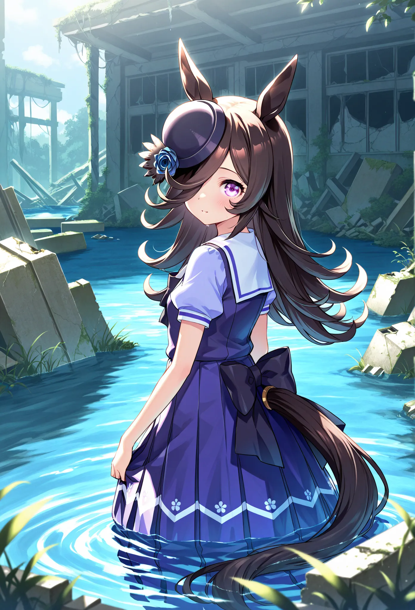 rice shower ( Uma Musume),   horse ears,     animal ears,   The hair hangs down to hide one eye, horse Tail,   horse  girl , Tail, length  、 black hair、Wearing Water、、 Fantastic、star、、In the water、ruins