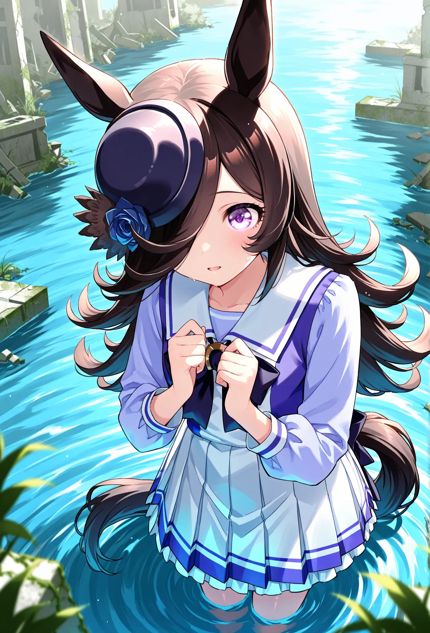 rice shower ( Uma Musume),   horse ears,     animal ears,   The hair hangs down to hide one eye, horse Tail,   horse  girl , Tail, length  、 black hair、Wearing Water、、 Fantastic、star、、In the water、ruins