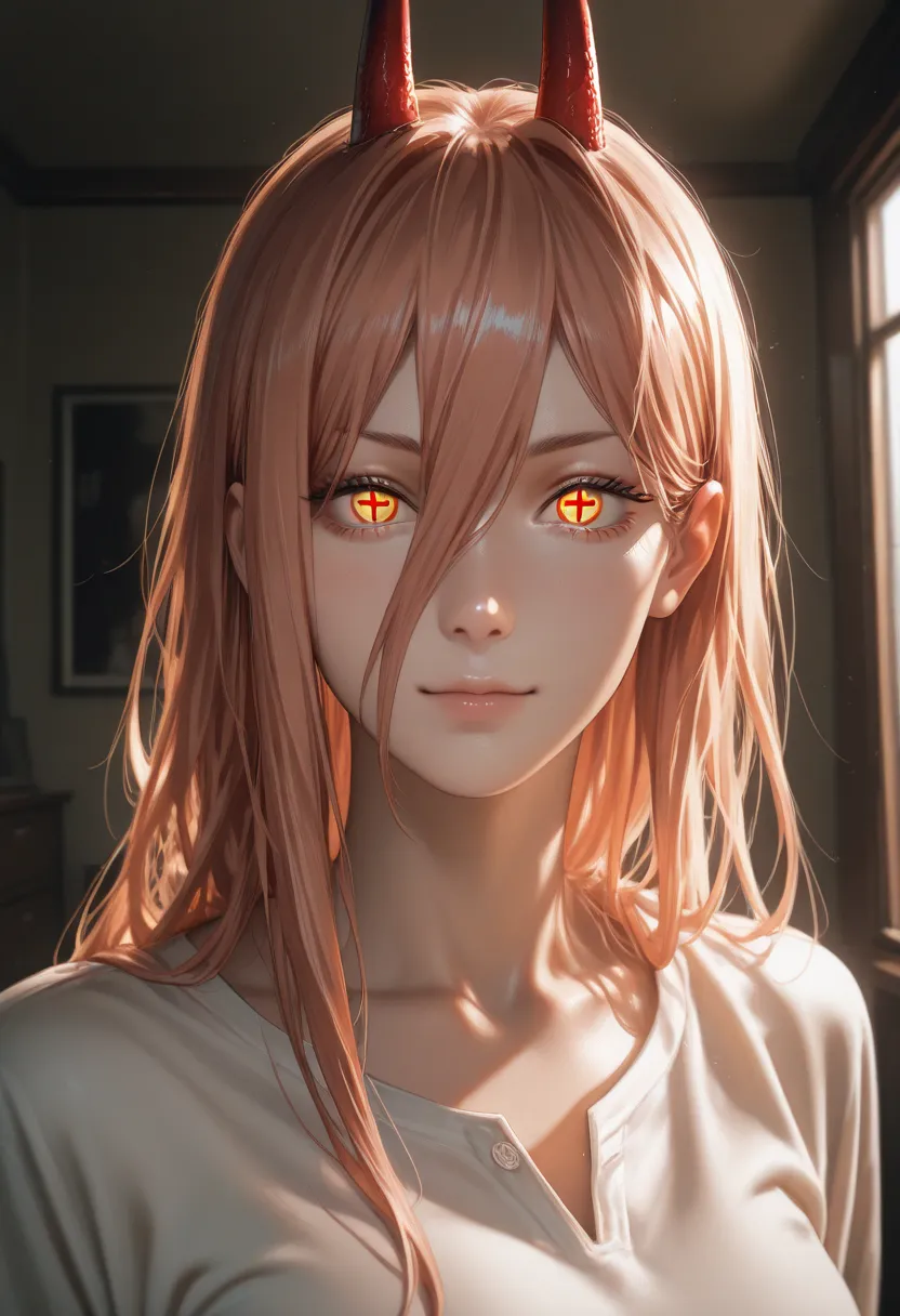 masterpiece, best quality, vibrant, very aesthetic, high contrast, photorealistic portrait,beautiful detailed face,detailed texture,detailed skin, newest, 1girl,chainsaw man,source_chainsaw man,power,Cross-shaped pupils,two horns on head,shirt,room,realist...