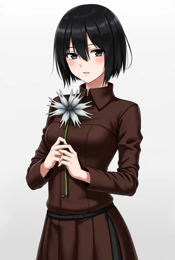 Haz una chica anime de Brown Leather, Brown Leather,  black eyes, black hair, short hair, Women's hair,  Female, muy  Female,  great attributes , holds a metal flower with both hands, Flower with thorns , silver-gray flower, ropa de only, only, velo de onl...