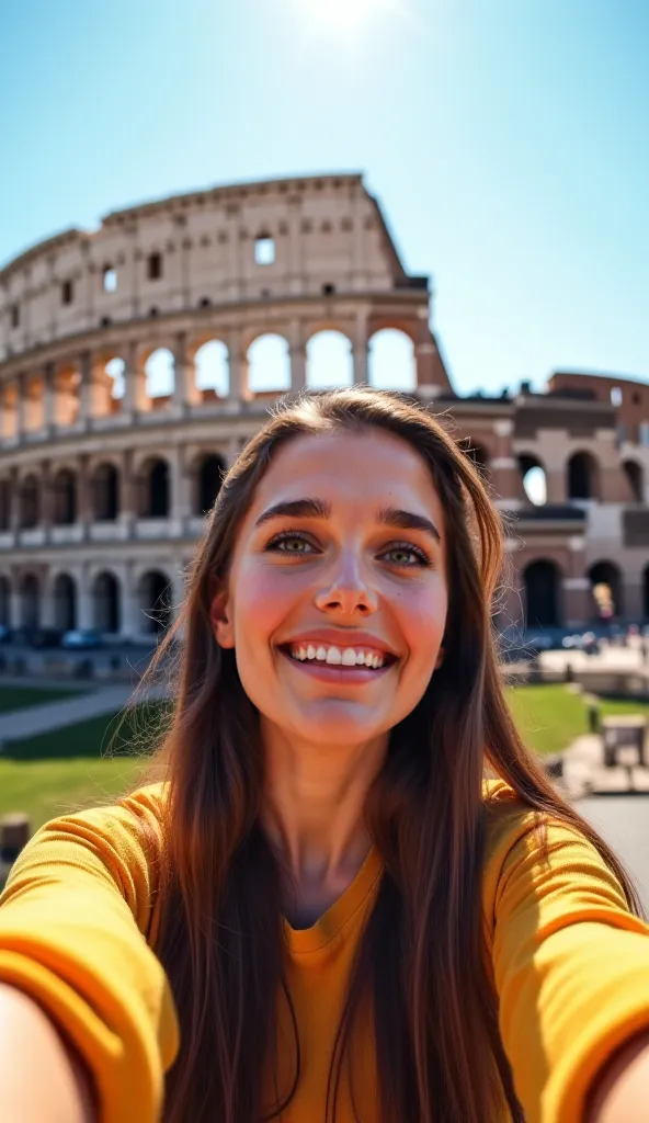 The character records a selfie of her face and body, with the Roman coliseum in the background. His smile is open and radiant, as if he is capturing a special moment.