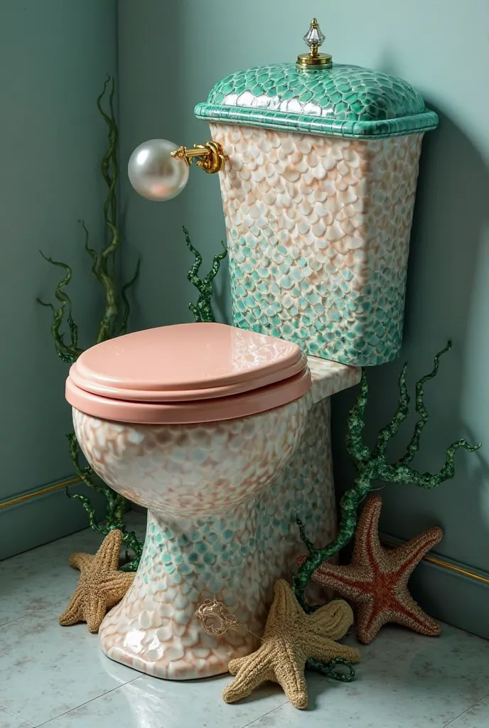 **"A toilet inspired by Ariel,  The Little Mermaid, with an elegant marine design. The base has a mother-of-pearl shell texture in iridescent shades, the seat is coral with details of shiny scales, and the lid simulates the shape of a mermaid tail in shade...