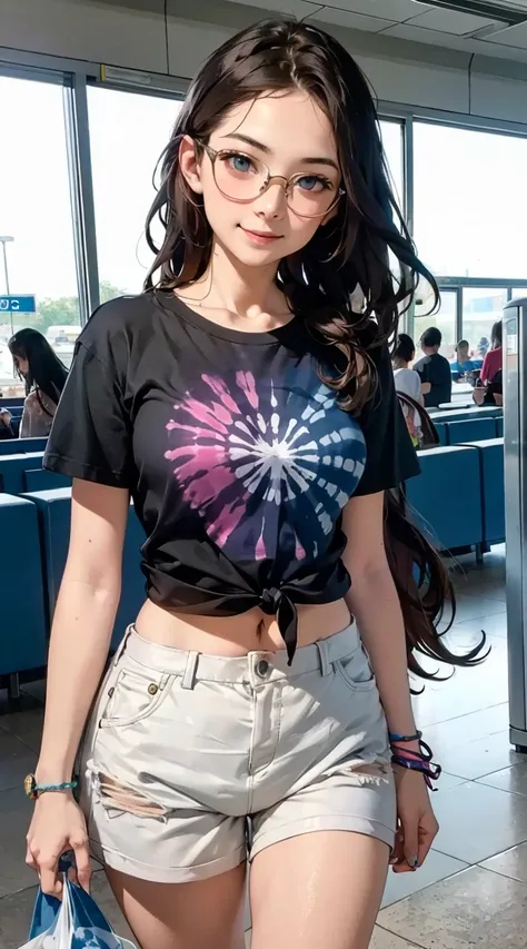 girl with very long wavy brown hair, glasses, blue eyes, happy mood, tie dye t shirt and tie dye lounge shorts, standing,Loli, airport