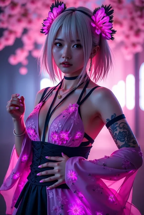 dazzling cherry blossom petals in halation pink light、I'm dancing while wobbling my hair、Please take a full-body picture of a beautiful Japanese girl who looks like a shrine maiden costume combined with a gothic。the base of the costume is embroidered with ...