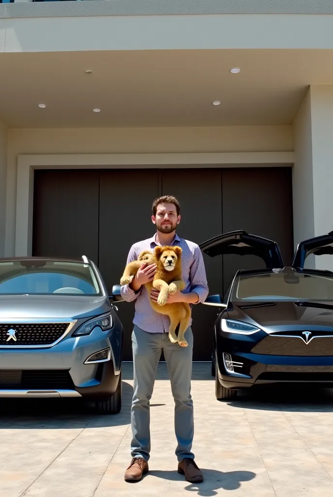 
"In the picture, an integrated scene appears in front of a luxury villa. In the foreground, a person holding a small lion .. On his left is the Peugeot 3008 car with a modern and elegant design, while on his right is the distinctive Tesla Model X car, wit...